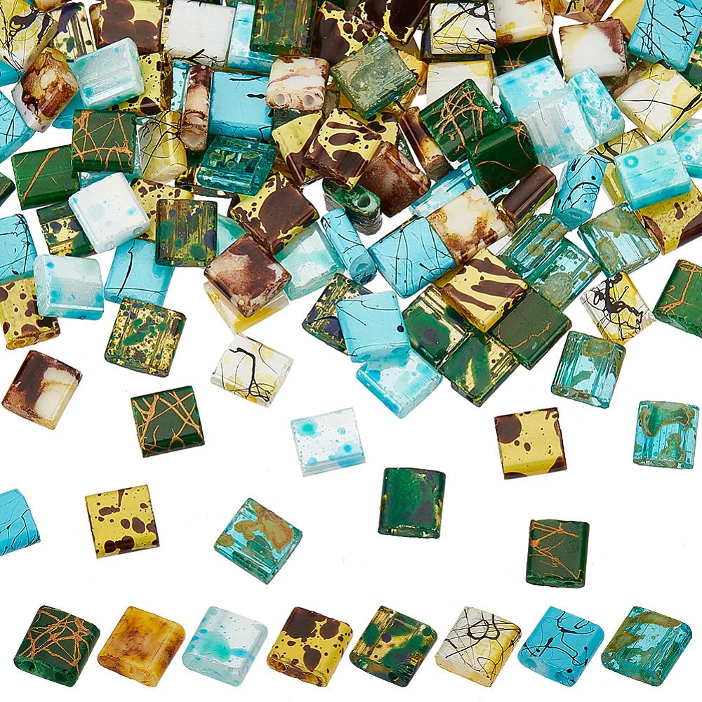 

1 коробка, 160 шт., 8 стилей, стеклянные бусины с 2 отверстиями, античный стиль, прозрачный спрей-зеленый цвет, 5x4,5 ~ 5,5x2 ~ 2,5 мм, отверстие: 0,5 ~ 0,8 мм, 20 шт./стиль