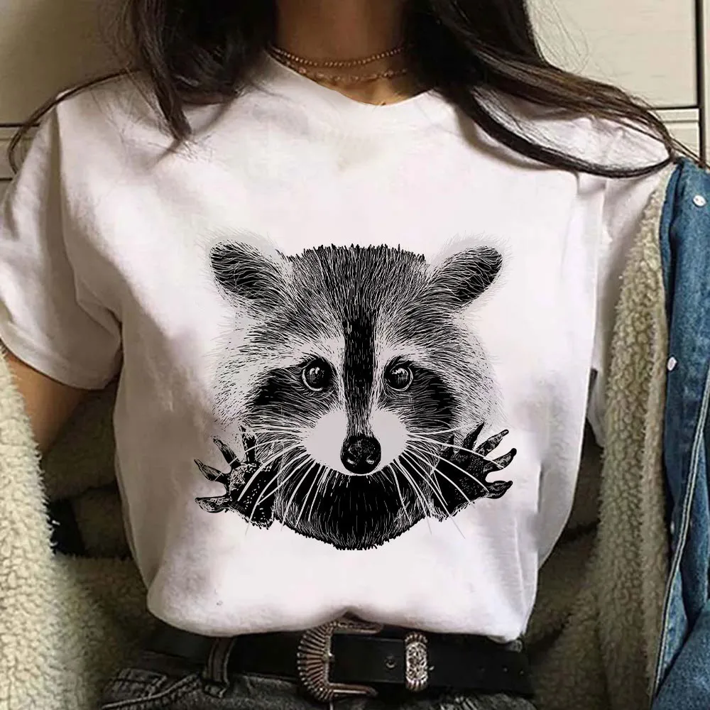 Summer Loose Comfortable Round Neck Short Sleeve Cartoon Raccoon Print White T-shirt Casual Fashion High Quality Women's T-shirt