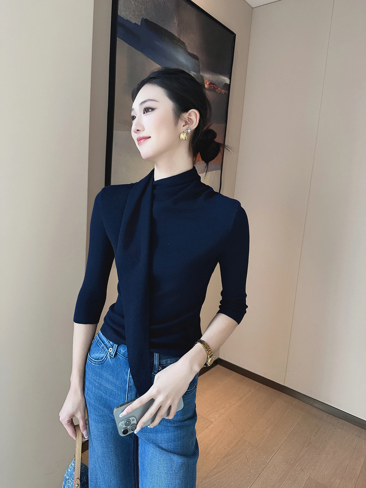 

Ele Sle Women's Knitted Sweater Midi Sve Chiffon Belt Base Color Spring New Faion Top Thin Yarn Regular Thin