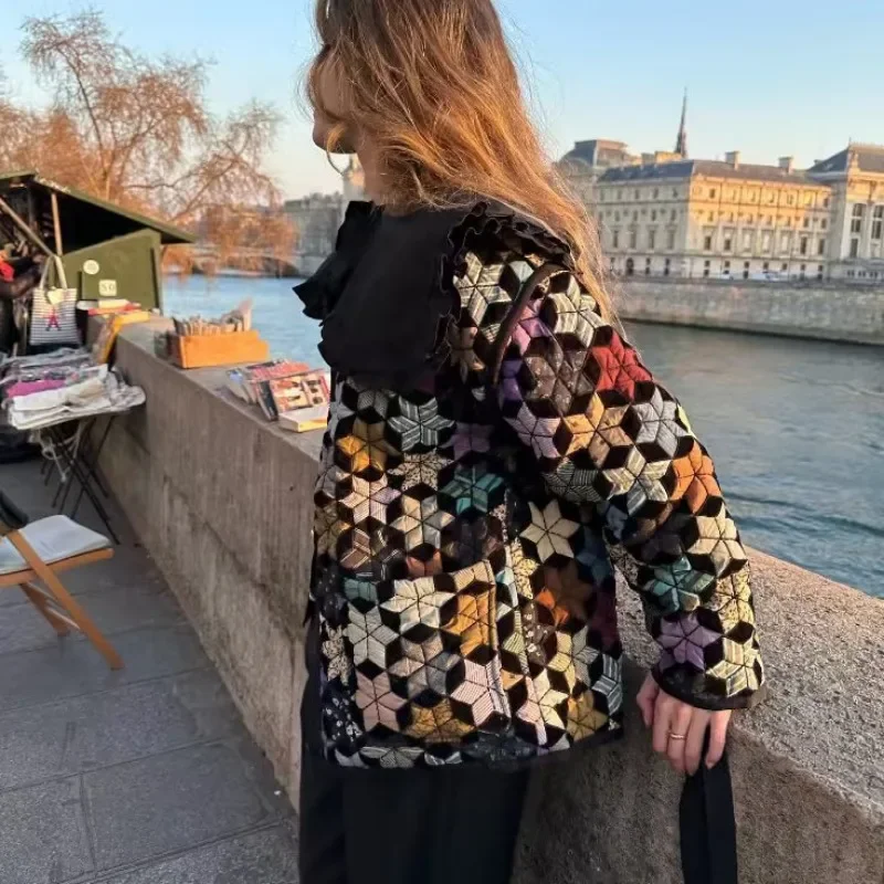 Abrigo de algodón con estampado Vintage para mujer, chaqueta acolchada de manga larga con cremallera, chaquetas ligeras de diseño, Tops de otoño e invierno