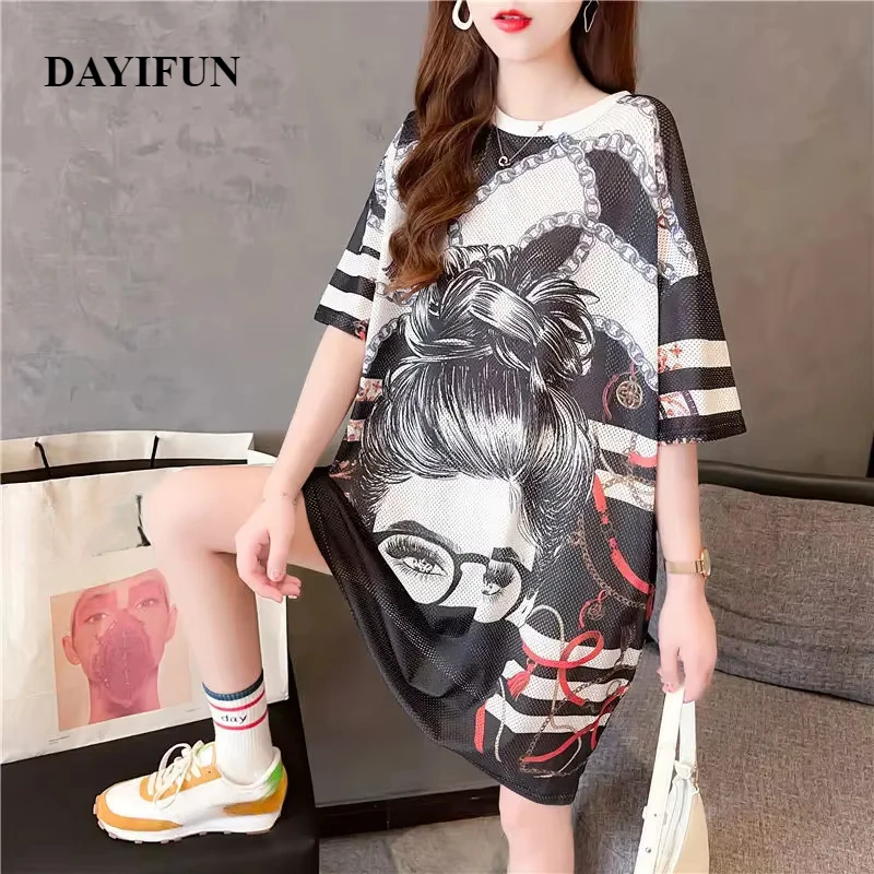 DAYIFUN-Women's Letter Character Printed T-shirts Oversized Long Tees Summer Loose Female Korean Simple Chic O-neck Hip Hop Tops