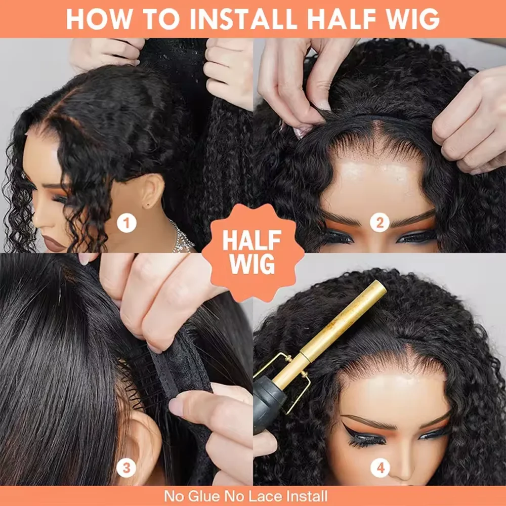 Remy Human hair Wigs Kinky Curly Headband Wig Upgrade 3 IN 1 Half Wig With Drawstring Seamless Clip In Hair Wigs 200 Density image 5