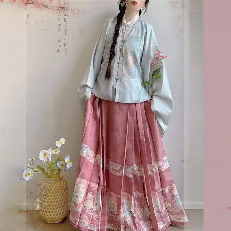 

2024 Chinese Style Improved Ming Dynasty Hanfu Female Embroidery Round Collar Vest Blouse Autumn Winter Ming Hanfu Set