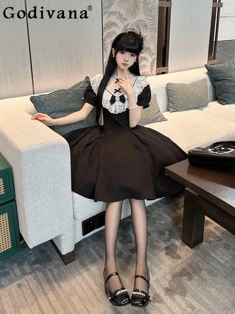 

Lolita Black White Lace Sweet Bow Puff Short Sleeve Dresses Temperament High Waist A-line Versatile Age-reducing Fashion Dress
