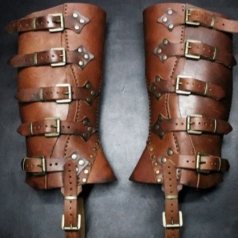 Viking Pirate Knight Boots copriscarpe Cosplay cinturino in pelle Larp Greave Leg Guards uomo donna cavaliere Warrior Armor Boot Cover