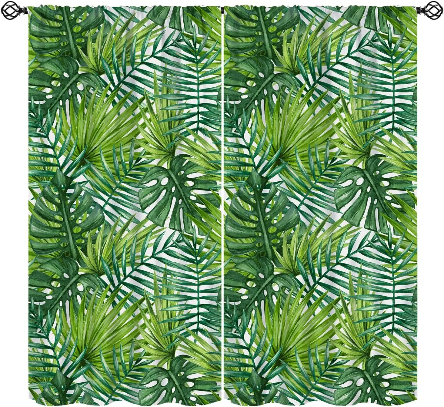 Leaves Curtains, Watercolor Tropical Green Palm Leaves Print Window Treatments, Rod Pocket Thermal Insulated Drapes 2 Panels