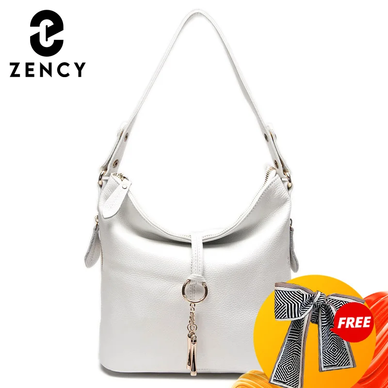 Zency Elegant Women Shoulder Bag 100% Genuine Leather White Hobos Handbag Lady Messenger Purse Charm Lock Decoration