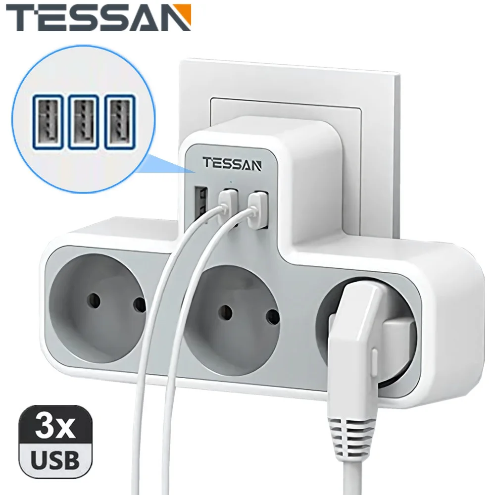 

Настенная розетка TESSAN с 3 розетками переменного тока и 3 USB-портами, USB-адаптер 6 в 1 с защитой от перегрузки для смартфона, планшета