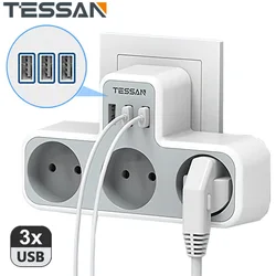 TESSAN Multiple Wall Socket with 3 AC Outlets & 3 USB Ports, 6 in 1 USB Adapter with Overload Protection for Smartphone, Tablet