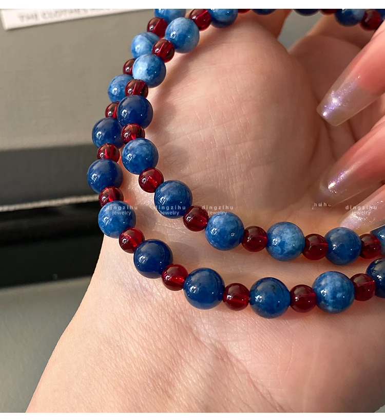 Leichter Luxus Naturstein-Perlenkette Blauer Achatstein Kurze Halskette 2025 Trendiger Schmuck für Frauen Schlüsselbeinkette Accessoires – Detail 6