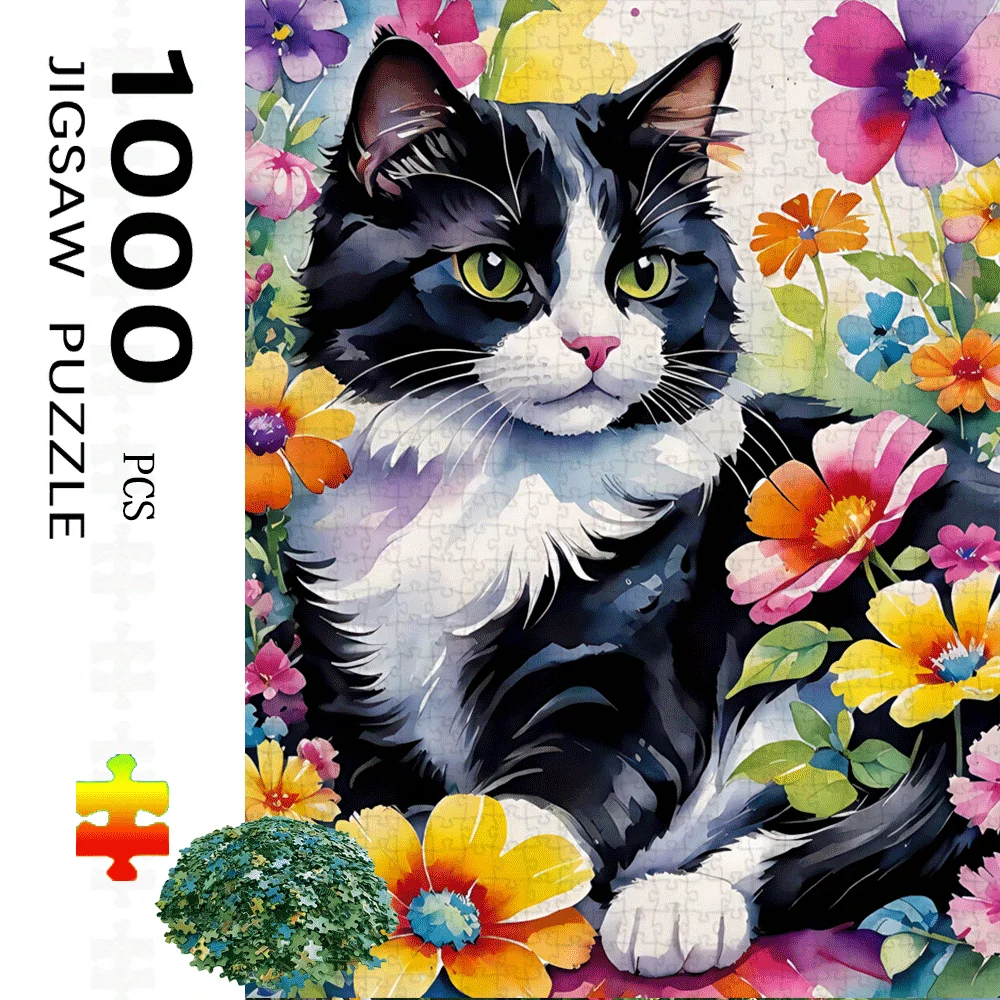 Puzzle dla dorosłych z motywem kota akwarelowego wśród kolorowych kwiatów, gra intelektualna, zabawka dekoracyjna do domu i na czas wolny.