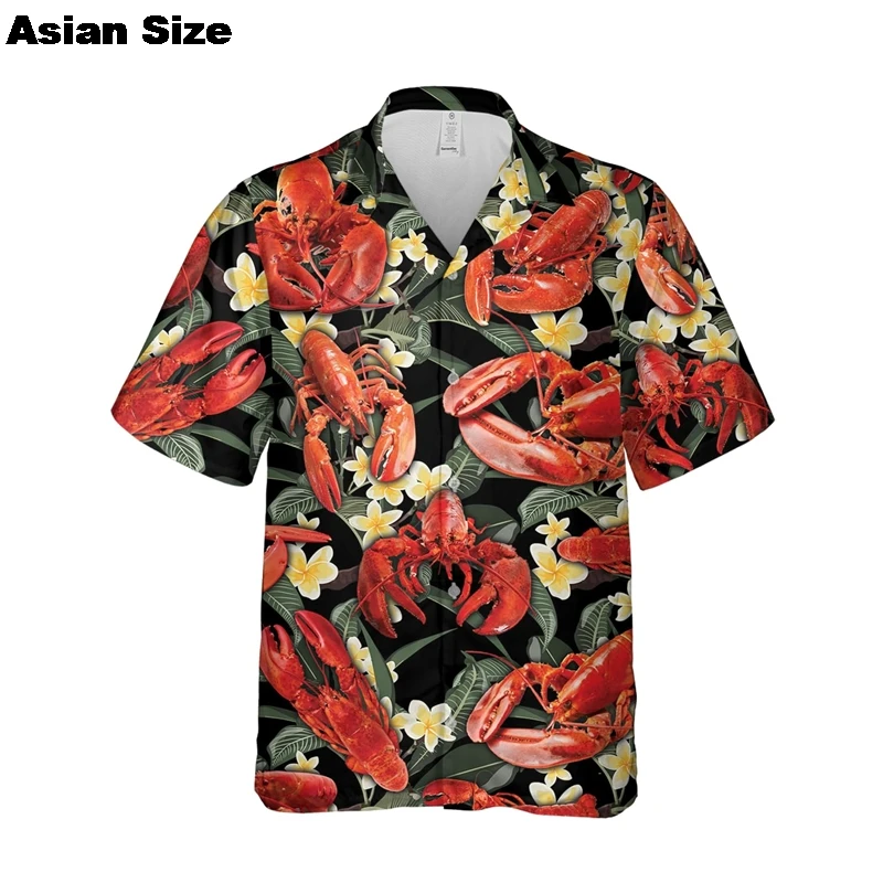 Funny Steamed Lobster Graphic Shirts For Men Clothes 2025 Summer Hawaiian Beach Shirt Delicious Seafood Button Down Shirt Man