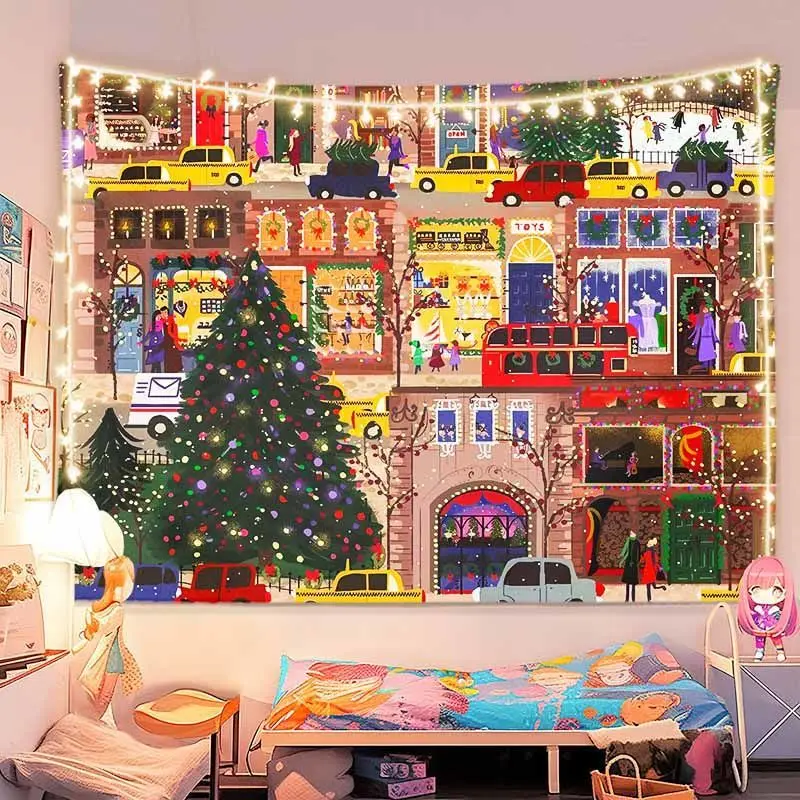 VIKAMA Wall Tapestry Christmas City Street Scene Taxi Double Decker Bus Tree Snowy Winter Holiday Wall Hanging Home Decor Living