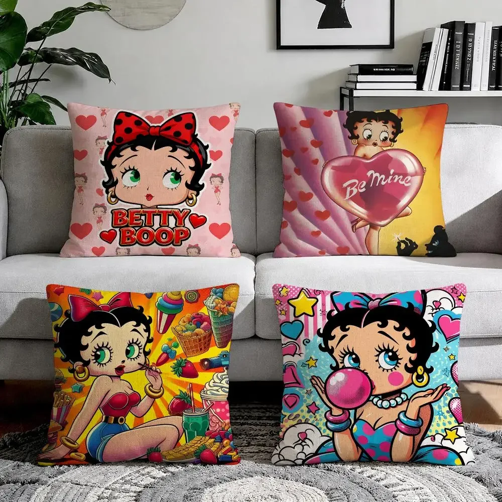 Cartoon B-Betty B-Boop Cute Cushion Cover Organic Natural Linen Pillowcase with Double Sided Print for Sofa Home Decor Gift