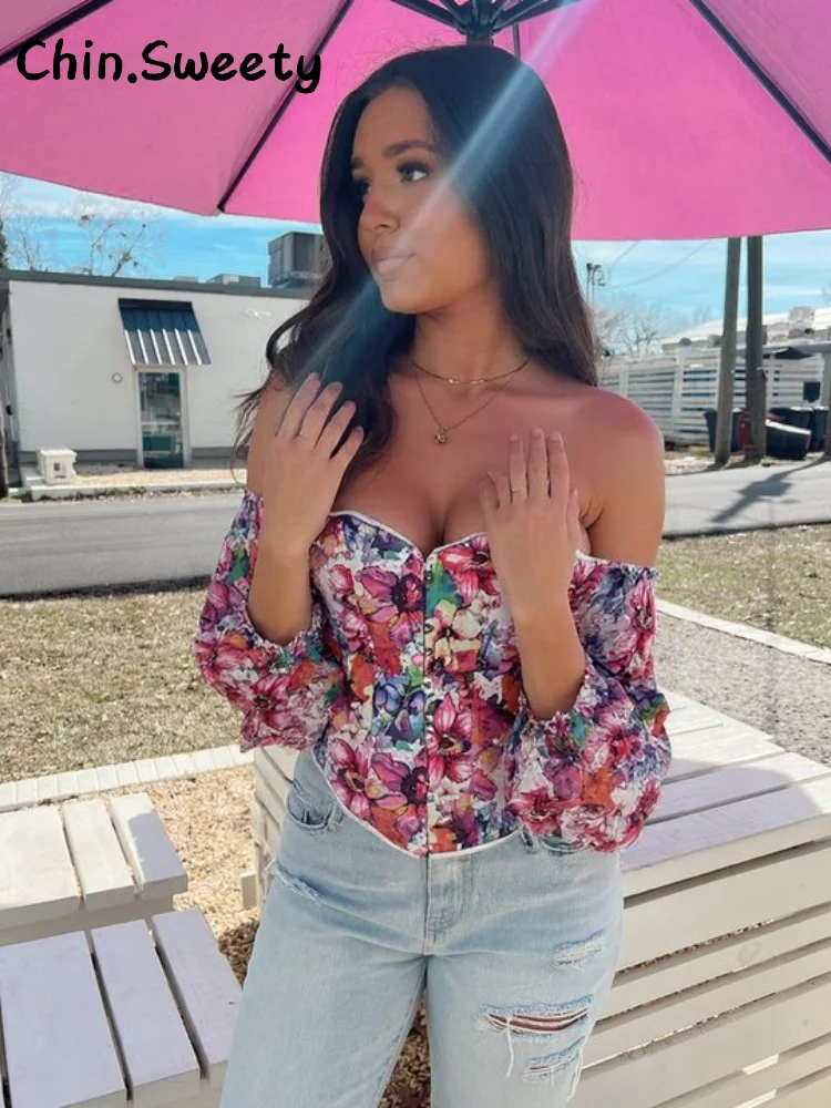 

Chic Printed Bandage Tops Women Strapless Lantern Sleeve Backless All-match Top 2025 Summer Autumn Lady High Street Clothes New