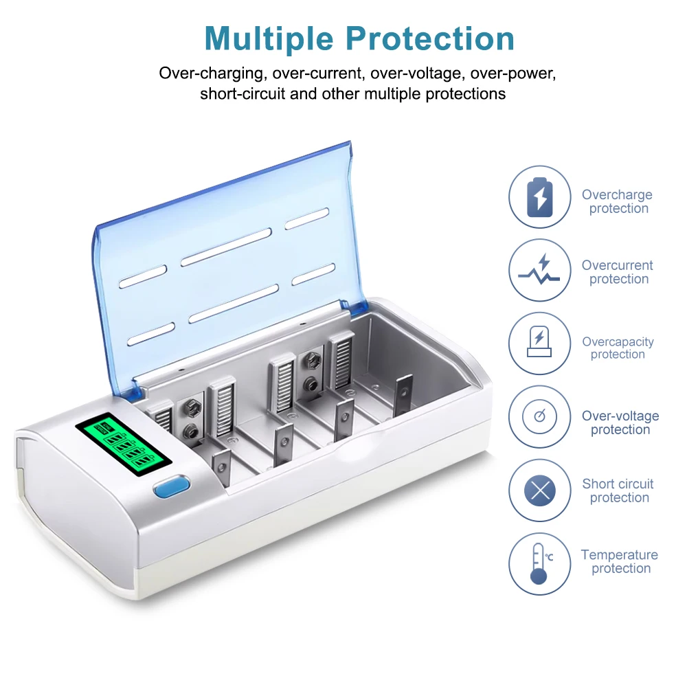 LCD Smart Quick Battery Charger for 1.2v C D AA AAA 9V NiMH NiCD Rechargeable Batteries with Refresh Function