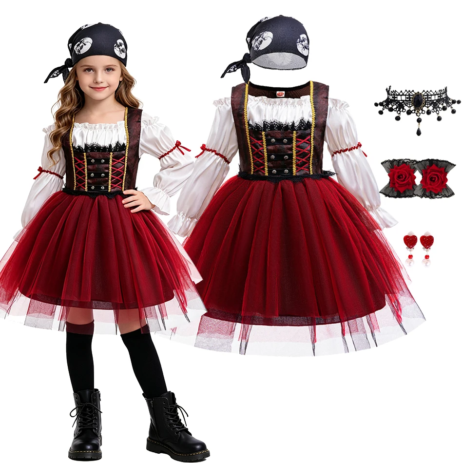 Mädchen-Piraten-Kostüm, langärmeliges Oberteil mit Rüschen, roter Tüllrock, mittelalterliches Cosplay-Outfit für Halloween und Karneval.
