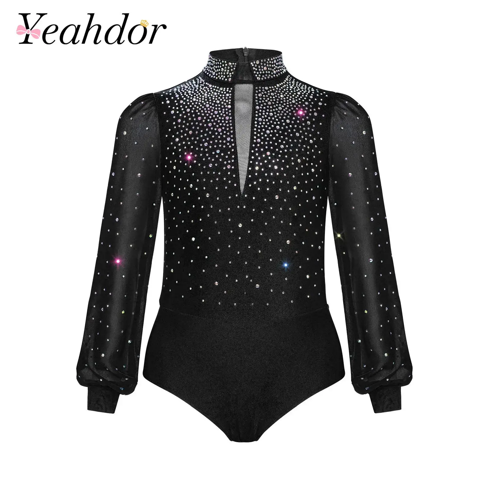 

Kids Bodysuit for Boys Long Sleeve Mock Neck Rhinestones Zipper Leotard Bodysuit Latin Dancing Figure Skating Dance Leotards