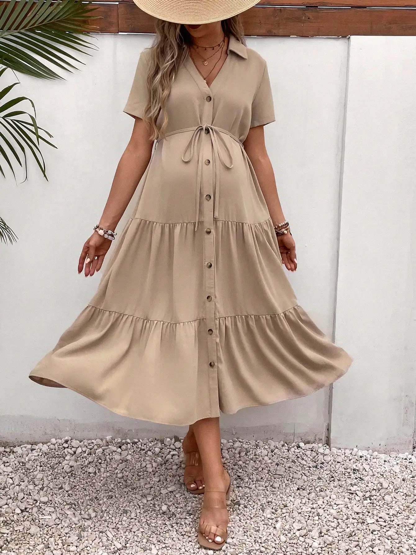 

Maternity Button Front Ruffle Hem Belted Shirt Dress