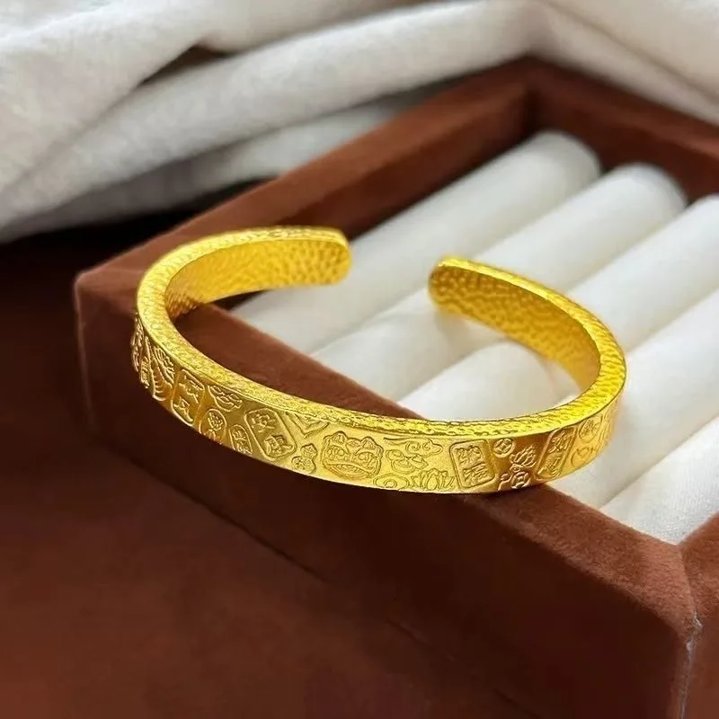 Electroplated Genuine Alloy Handmade Chasing Heavy Duty Auspicious Words Fortune Attracting Lion Open Bangle Protective Talisman