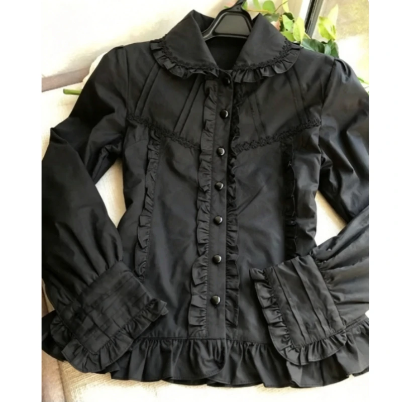 Damen-Design Kawaii Slim Solid Lolita-Shirt Frühling Süßes Langarm-T-Shirt mit Puppenkragen Weibliche Modische Hübsche Dünne Kleidung