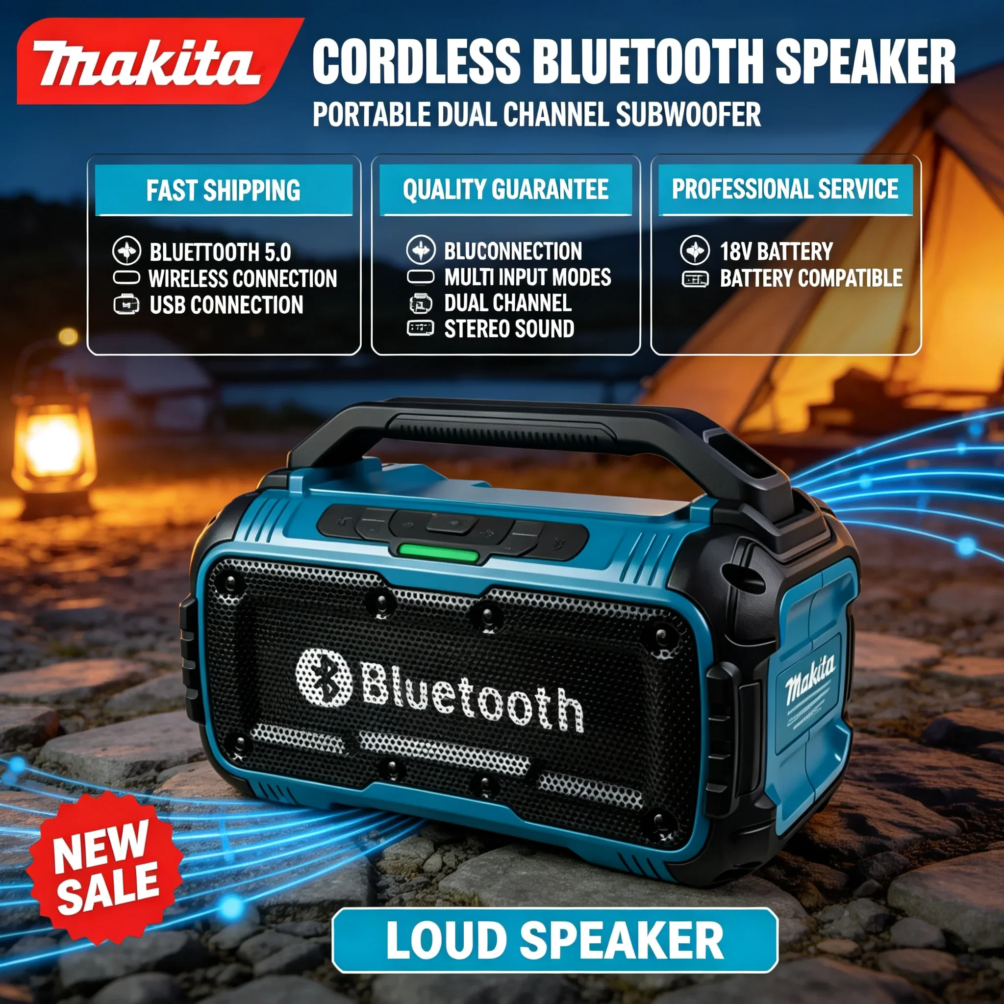 Makita Cordless Bluetooth Speaker, Portable Dual Channel Surround Subwoofer Loudspeaker, For 18V Battery (No Battery)