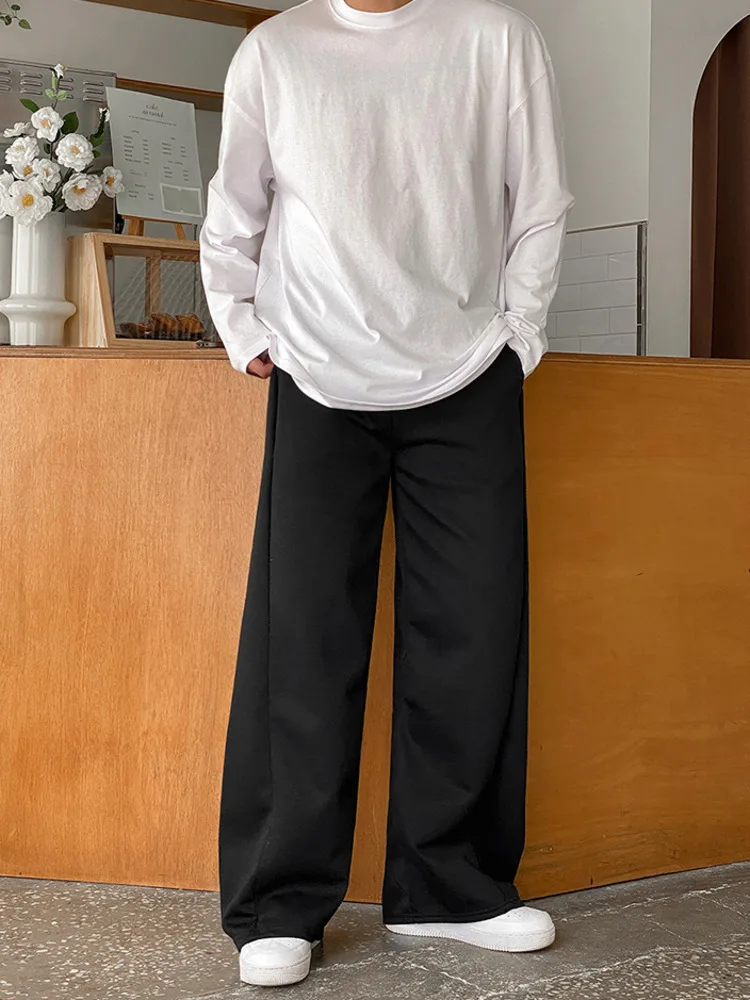 

Men Sweatpants Solid Color Elastic Waist Pleated Design New Pants 2025 Autumn Drawstring Solid Color Male Trousers