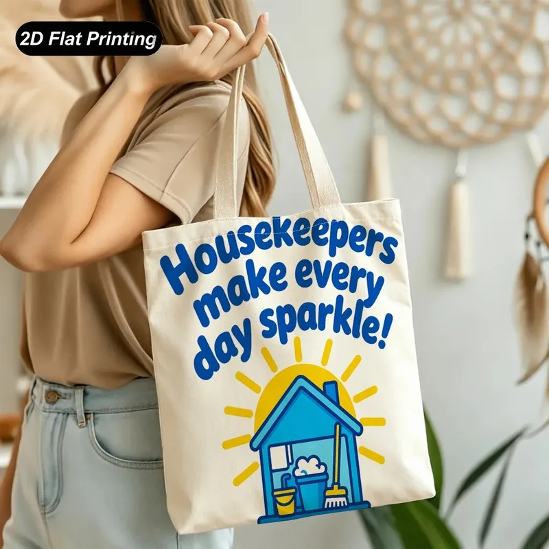 Gift for Commuting School Canvas Shoulder Bag Tote Bag Printed Design Large Capacity Breeze Sunshine Cottage Cleaning Theme