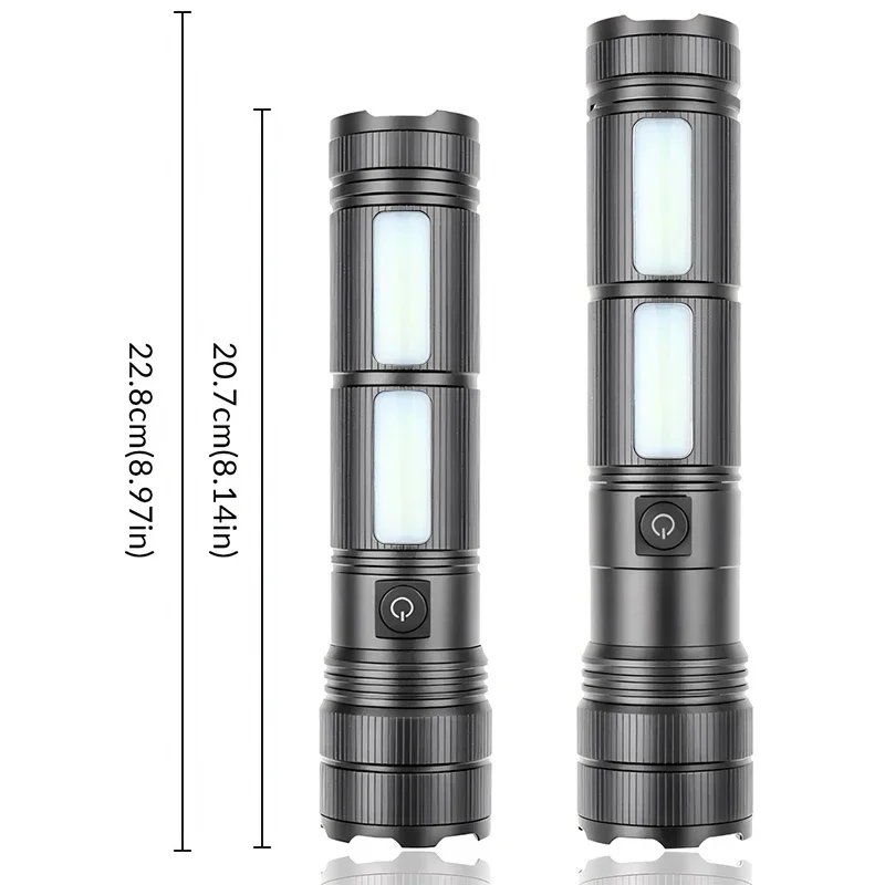 Zoomable Flashlight With COB Side Light Digital Power Display Built in Battery Long Range Bright Torch for Hiking Night Work