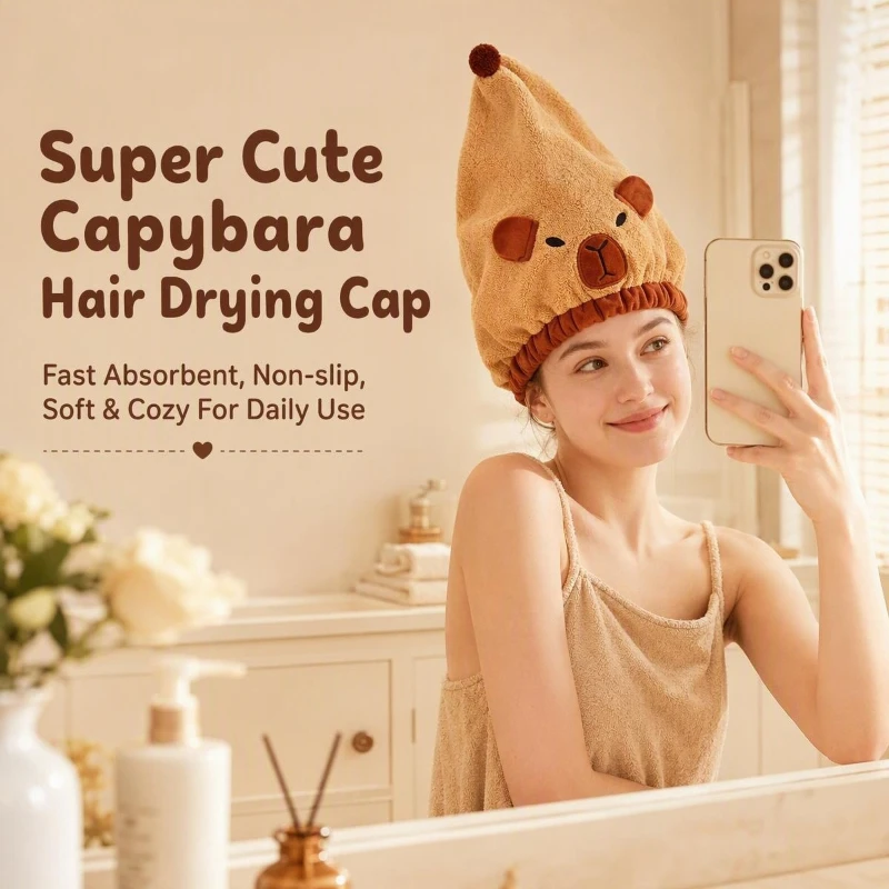 Cute Capybara Hair‑Drying Cap, Thick Absorbent Coral Velvet Quick‑Dry Hair Towel Wrap, Soft Shower Hat for Women Girls Students view 2