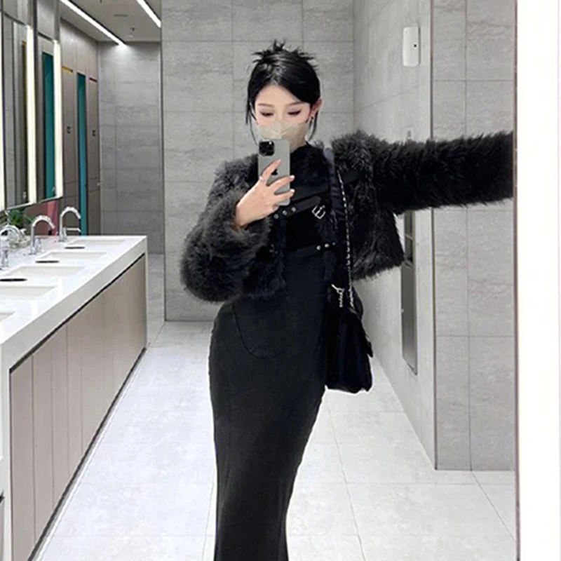เสื้อโค้ทขนเฟอร์เทียมแบบครอป MEXZT แฟชั่นผู้หญิง ดีไซน์หรูหรา แจ็คเก็ตขนฟูแบบเย็บติดกัน เสื้อคลุมฤดูหนาวสำหรับผู้หญิง สไตล์เกาหลี แขนยาว เสื้อคลุมขนสัตว์