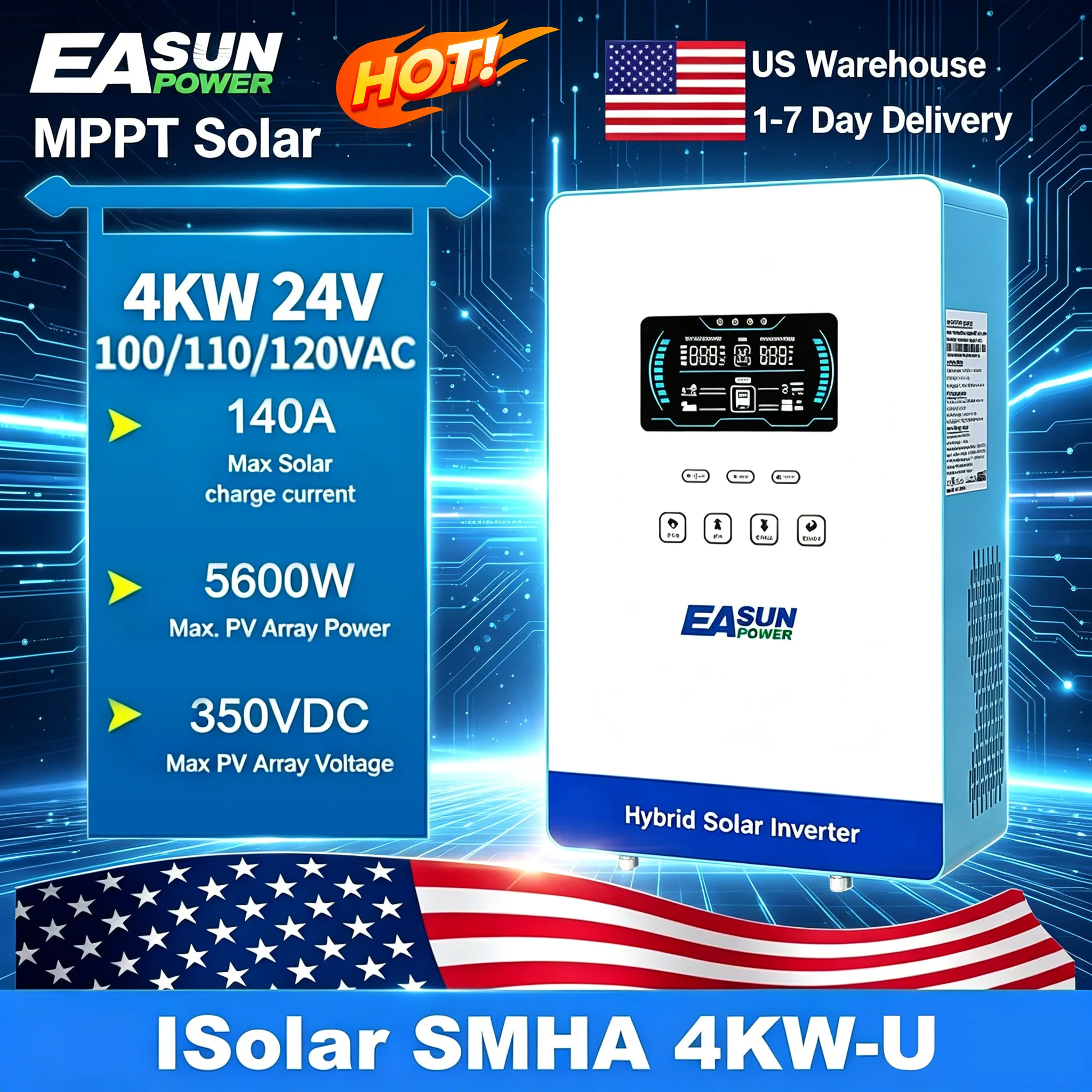EASUN POWER Hybrid Solar Inverter 4KW MPPT 140A 350VDC PV Input 110VAC 24VDC 4000W Pure Sine Wave 6.25 Inch LCD Display Household for USA 1PC 2PCS 10PCS