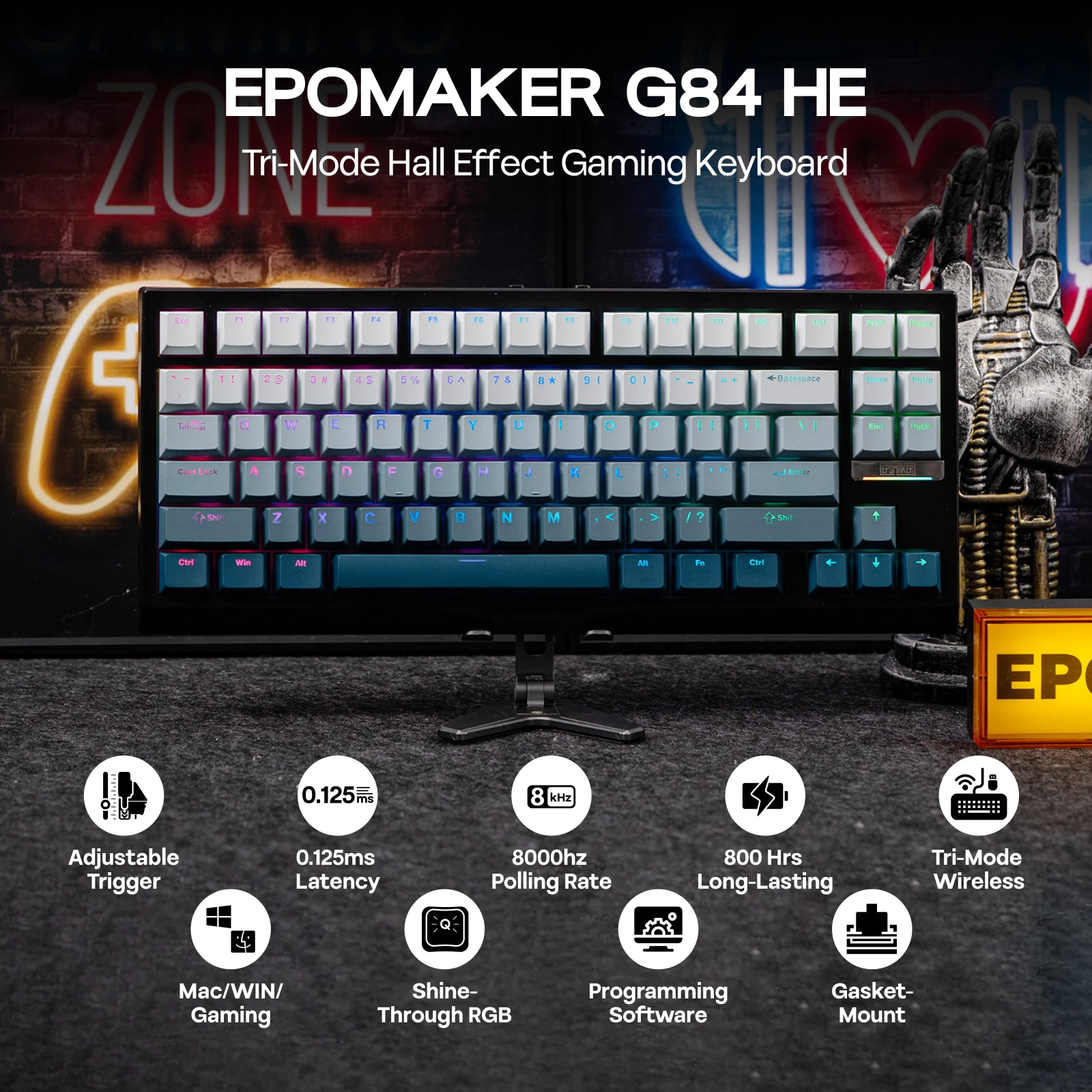 EPOMAKER G84 HE 75% ANSI US Layout Прокладка Проводная/BT/2,4 ГГц Беспроводная магнитная механическая клавиатура с эффектом Холла для Mac/WIN/игр