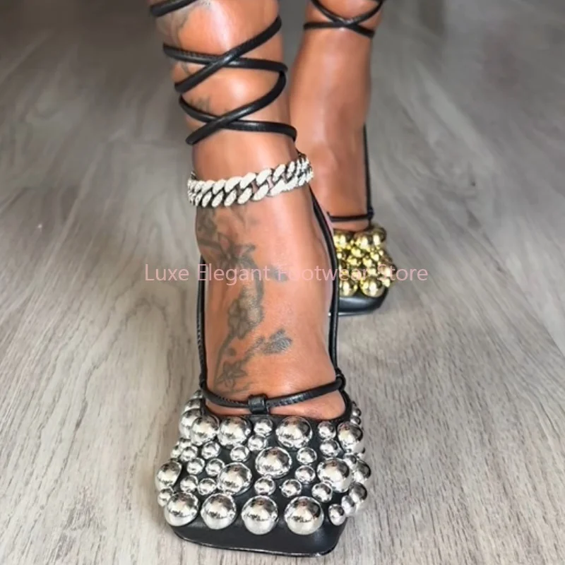 

Gold Silver Rivet Square Toe Lace Up Slingback Sandals Women Closed Toe Hollow Thin High Heels Sexy Fashion Party Club Shoes New