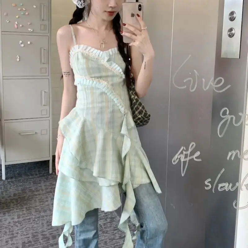 

Camisole Dress Irregular Ruffle Green Plaid Spicy Girl Summer Waist Slim Edge Beach Style Vacation A-Line Slip Dress For Women