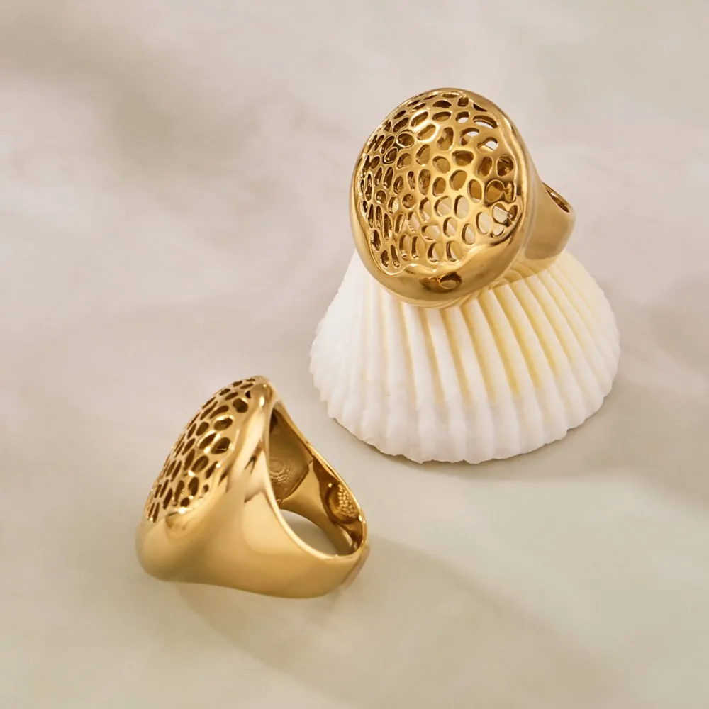Vintage Hollow Stainless Steel Rings for Women 18K Gold Plated Interwoven Textured Chunky Ring Statement Bold Keeper Rings