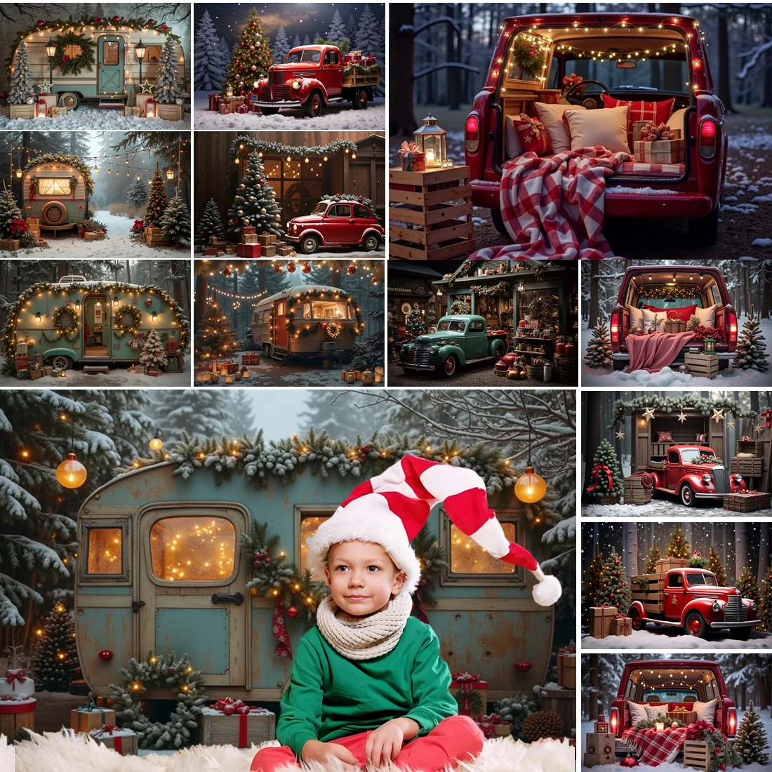 

MOON.QG Christmas Backgrounds For Photographs Trucks Campers Forest Backdrop Studio Party Decorations Photobooth Birthday Poster