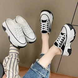 Ladies Slippers 2024 Summer Baotou Half Slippers Woman's Versatile Casual Lace Up Canvas Sports Slippers Platform Shoes Outside