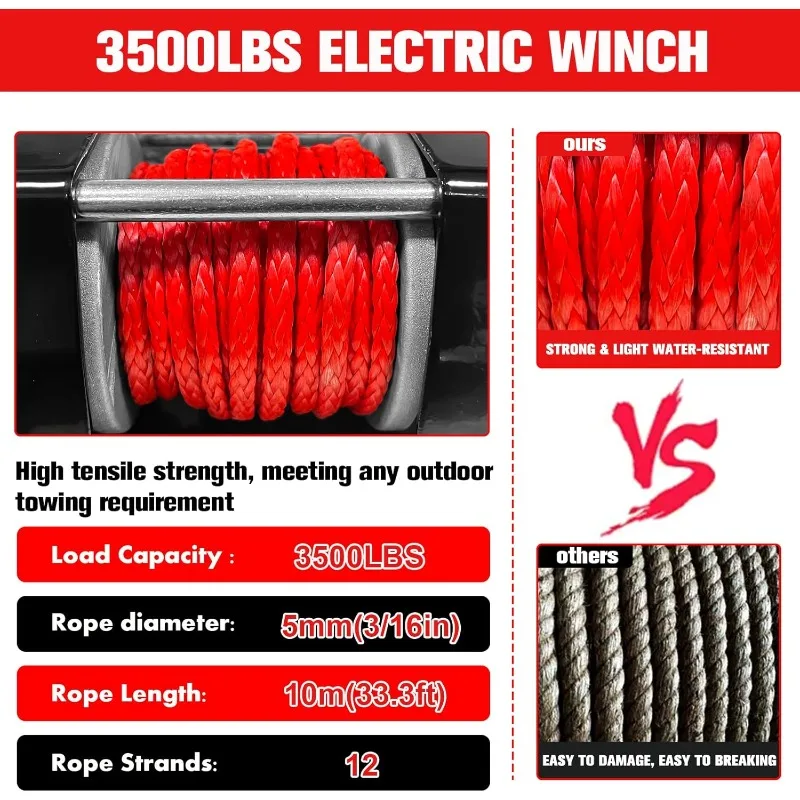 ونش ATV بوزن 3500 رطل مع حبل صناعي أحمر - ونش كهربائي IP68 مقاوم للماء 12 فولت لسحب مقطورة القارب