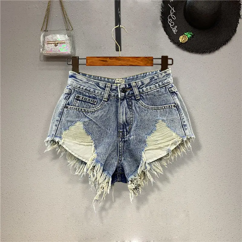 

2024 Summer New Women 's Tassels Ripped Denim Shorts High-waisted Jean Shorts