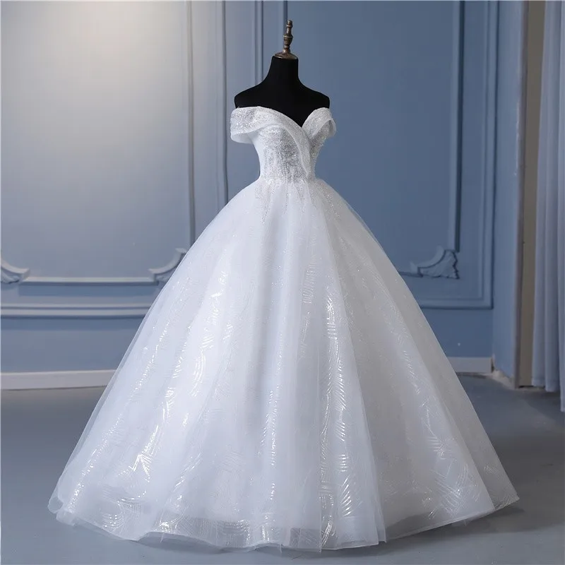 Y&m Novias Glitter vory Wedding Dresses Lace Beaded Ball Gown Cheap Off The Shoulder Short Sleeve Bridal Customized Plus Size