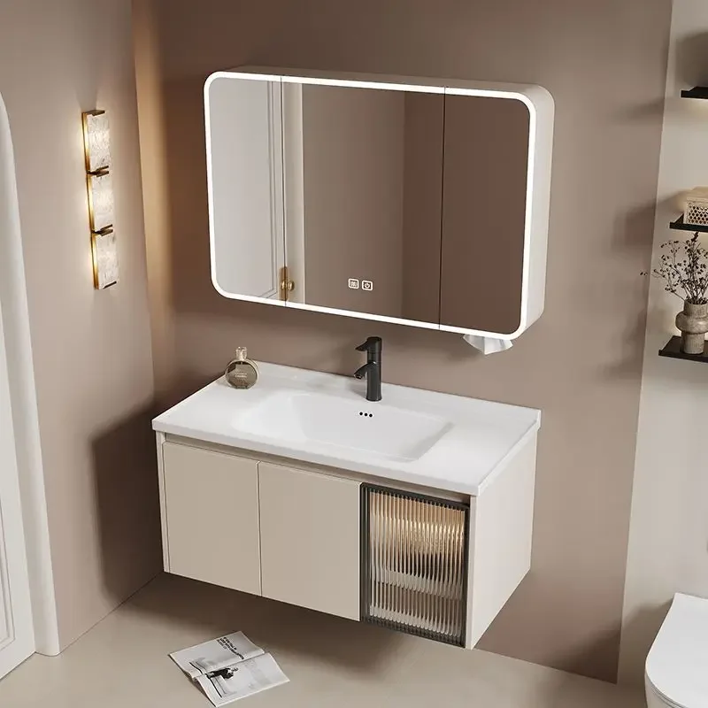 Toilet Cream Space Bathroom Cabinet Washbasin Combination Ceramic Integrated Washbasin Washbasin Curved Smart Mirror
