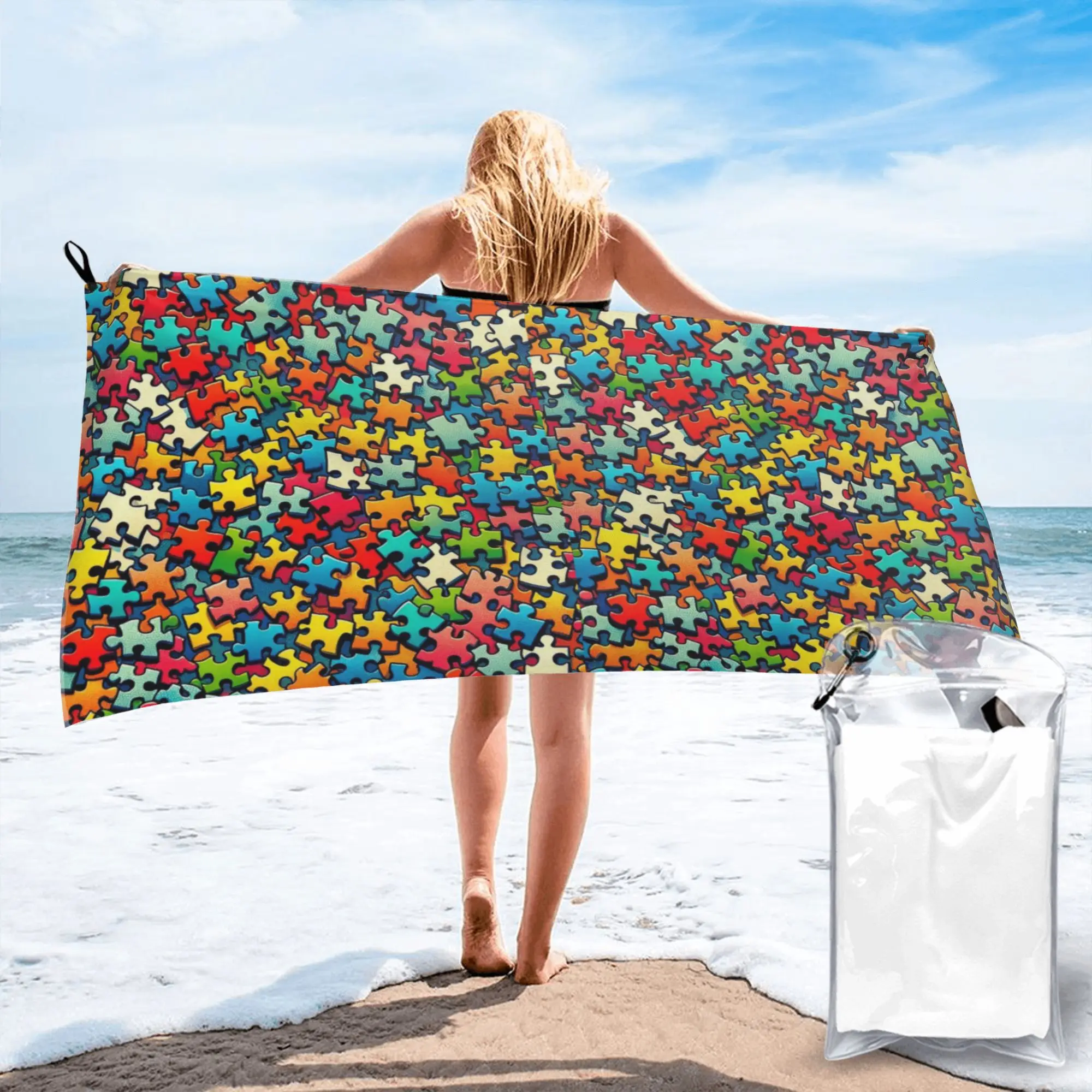 Autism Awareness Colorful Puzzle Piece Print Beach Towel Soft Microfiber Quick Dry Absorbent Quick Towels For Yoga