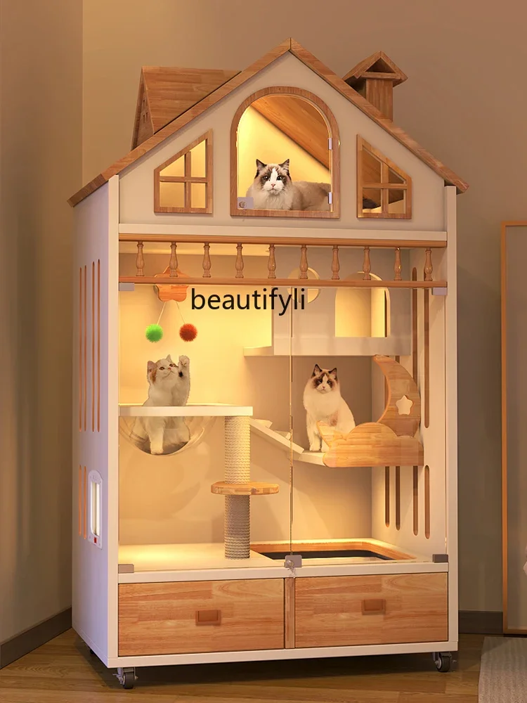 Small Apartment Cat Villa Household Solid Wood Cat Room with Toilet Integrated without Covering an Area of Cat House Advanced