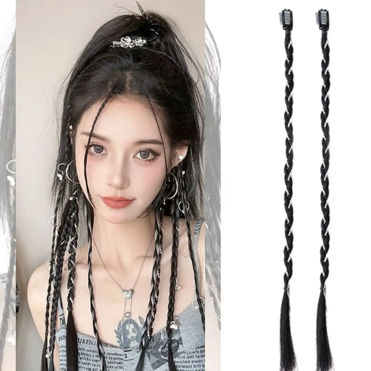 Anxin Long Braid Hair Extension Clips Natural Soft Synthetic Hair 2Pcs for Women Girls Daily Wear