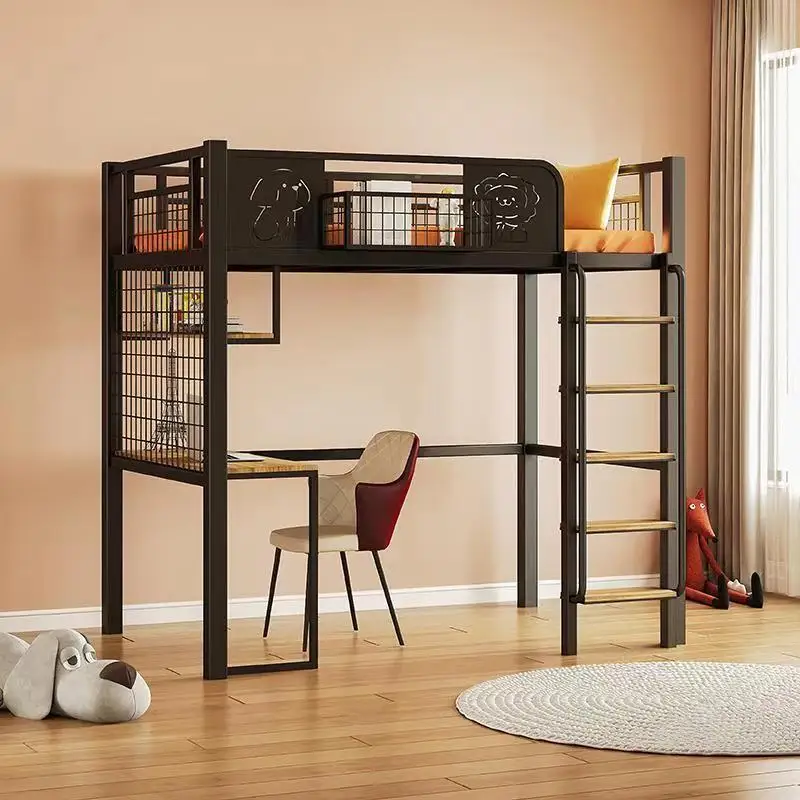 Attic bed black and white single-double-layer metal custom Nordic wrought iron elevated bed, bed and table, multi-functional sma