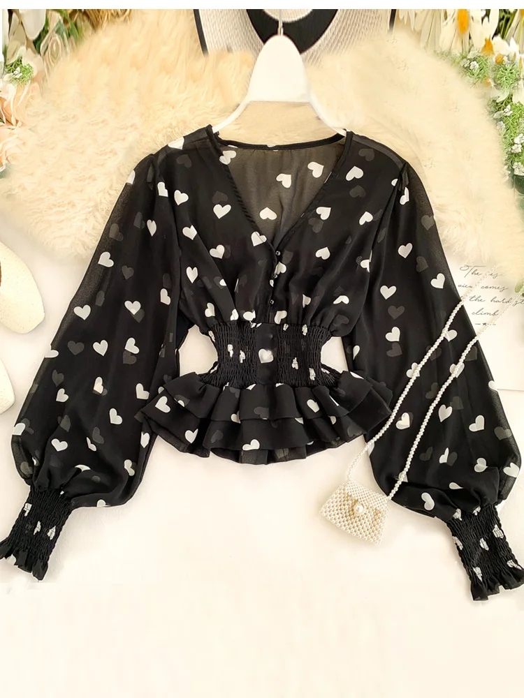 Women\'s Love Print Chiffon Shirt Top Spring Autumn V-neck Puff Sleeve Elastic Waist Double-layer Ruffled Tops and Blouses ML702