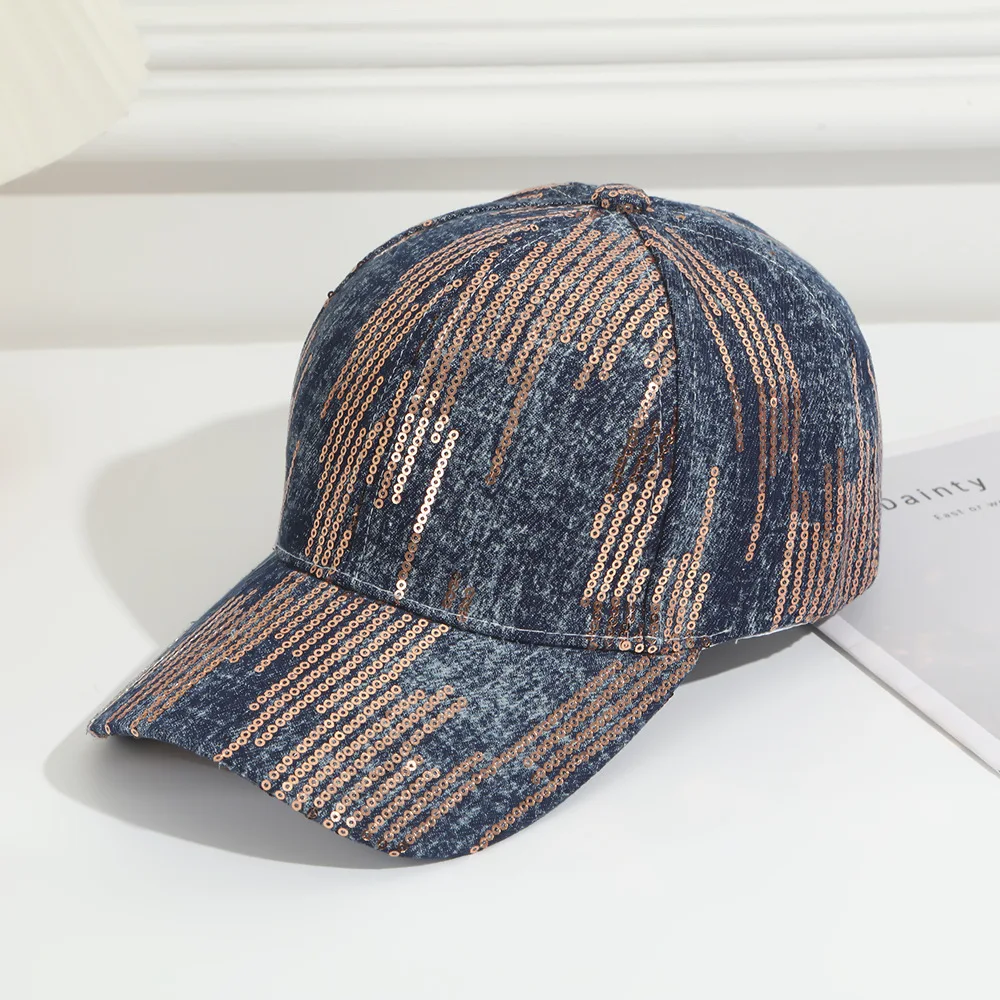 Washed denim vertical stripe sequined baseball cap, retro and casual style, suitable for shopping, dating and taking photos