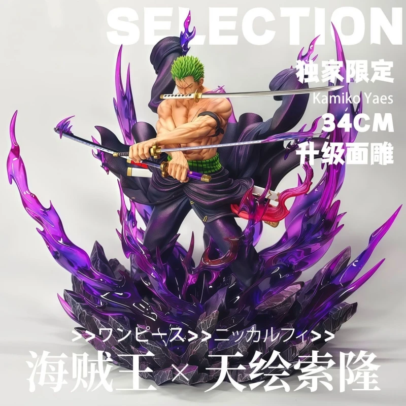 새로운 원피스 34cm Jt 풀 페인팅 로로노아 조로 Gk 피규어 전투 장면 스태츄 인기 애니메이션 캐릭터 데스크탑 장식