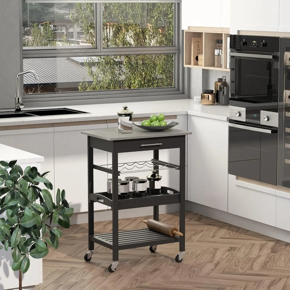 

Kitchen Island Cart by HOMCOM: Mobile Trolley with Stainless Steel Top, Wine Rack and Drawer Storage